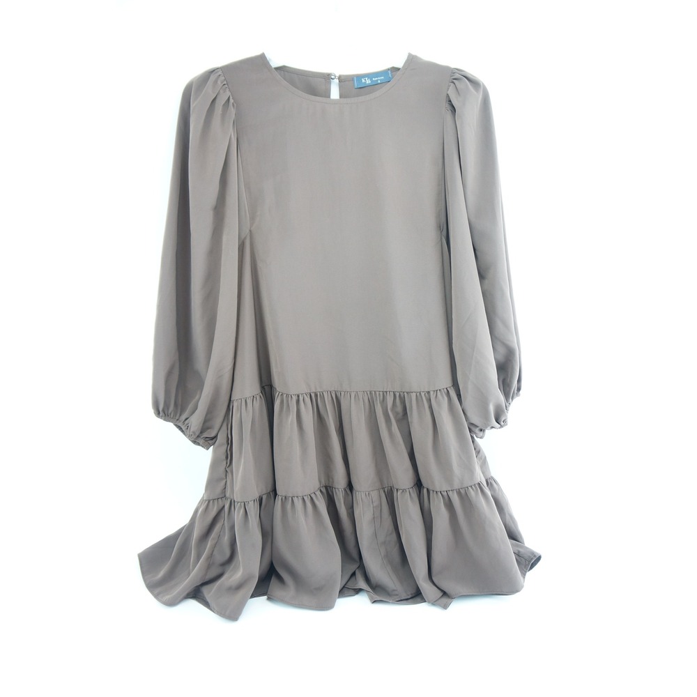 KLD Babydoll Dress Womens Small Taupe Excellent Tiered Ruffle‎ Puff Sleeve Mini